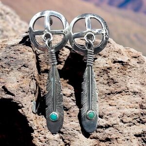 🌺 Vintage Navajo Sterling Feather Earrings with Turquoise